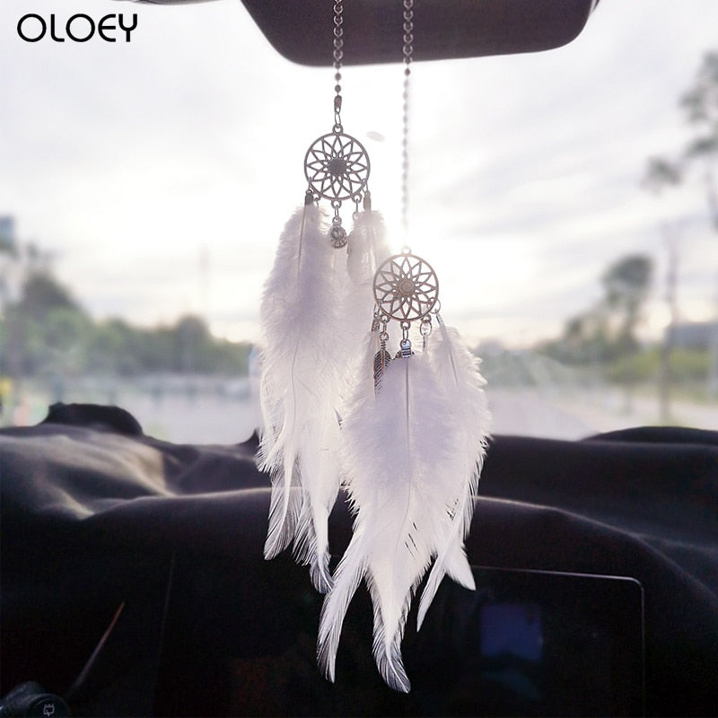 Car Mini Dream Catcher Accessory Smooth feather Interior Mirror Hanging Pendant for Auto or Home Decoration